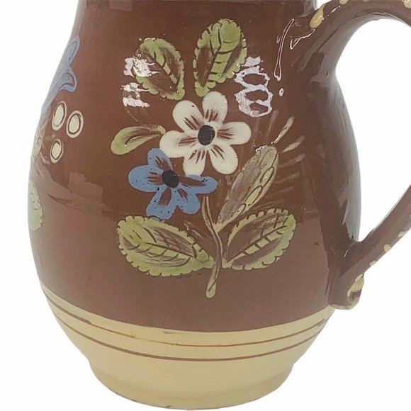 Redware Pitcher Floral Hand Painted Farmhouse - Picture 6 of 12